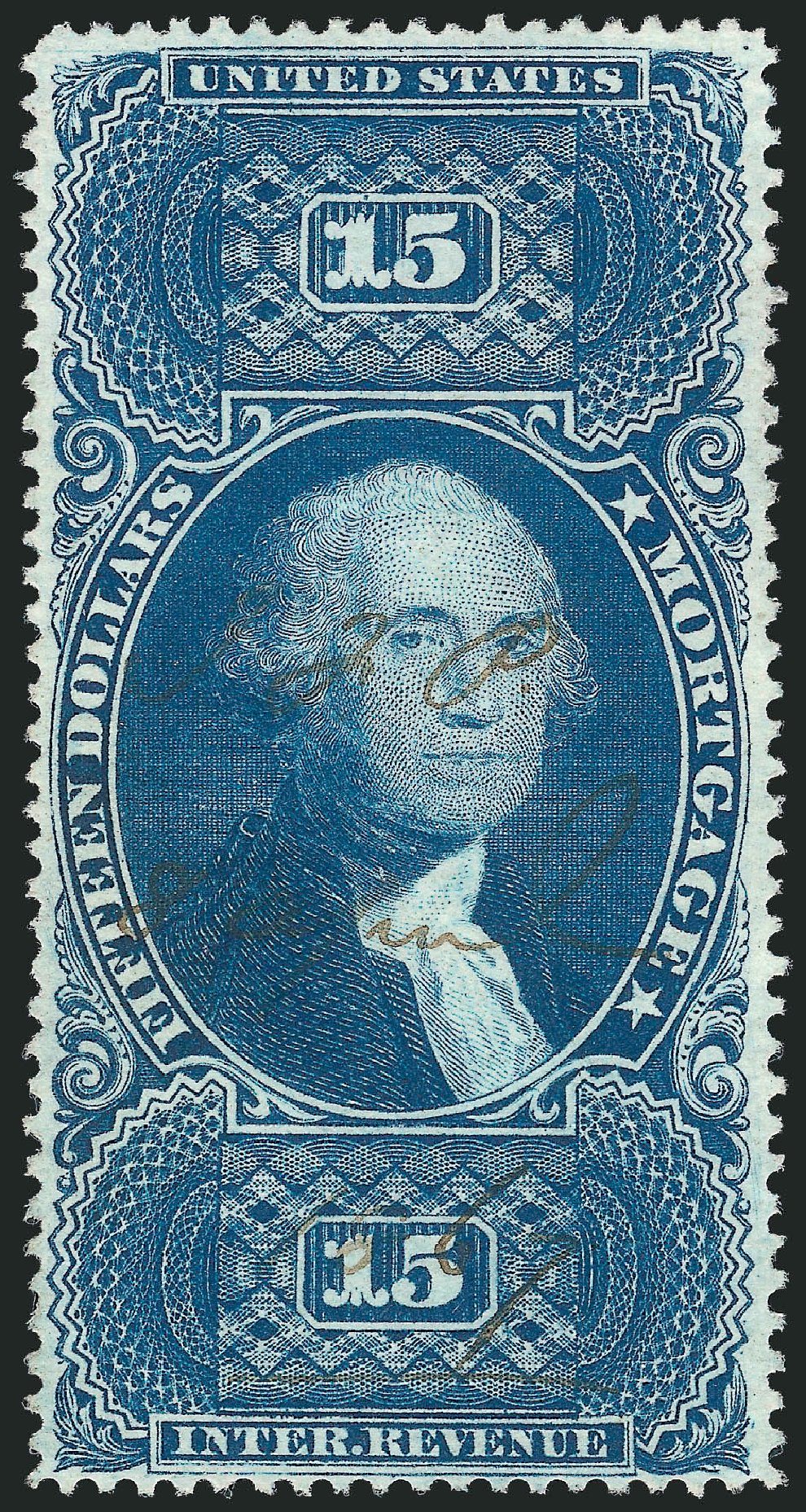 Values of US Stamp Scott Catalog R97: 1862 US$15.00 Revenue Mortgage. Robert Siegel Auction Galleries, Nov 2011, Sale 1015, Lot 74