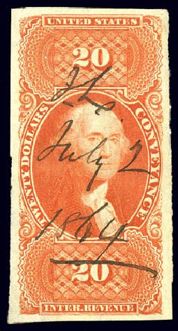 Value of US Stamps Scott Catalogue #R98 - US$20.00 1862 Revenue Conveyance. Matthew Bennett International, Dec 2008, Sale 330, Lot 2002