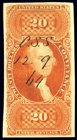 US Stamp Values Scott R98 - US$20.00 1862 Revenue Conveyance. Matthew Bennett International, Dec 2008, Sale 330, Lot 2003