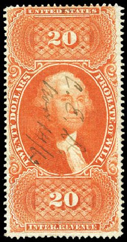 Prices of US Stamps Scott R99 - 1862 US$20.00 Revenue Probate of Will. Matthew Bennett International, Mar 2011, Sale 337, Lot 3288