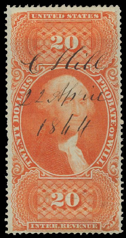 Costs of US Stamp Scott # R99: 1862 US$20.00 Revenue Probate of Will. Daniel Kelleher Auctions, Aug 2012, Sale 631, Lot 1818
