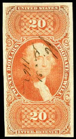 US Stamps Prices Scott # R99 - 1862 US$20.00 Revenue Probate of Will. Matthew Bennett International, Apr 2008, Sale 326, Lot 820