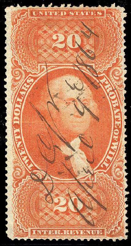 US Stamp Price Scott Catalog R99: 1862 US$20.00 Revenue Probate of Will. Cherrystone Auctions, Jan 2009, Sale 200901, Lot 290
