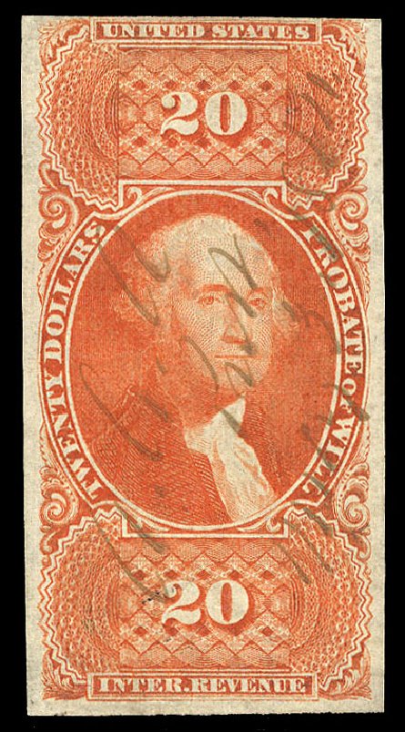 Values of US Stamp Scott R99: 1862 US$20.00 Revenue Probate of Will. Cherrystone Auctions, Nov 2010, Sale 201011, Lot 230