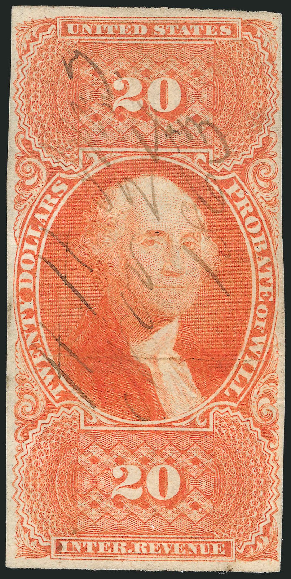 US Stamps Price Scott Catalog # R99 - 1862 US$20.00 Revenue Probate of Will. Robert Siegel Auction Galleries, Oct 2012, Sale 1031, Lot 1020