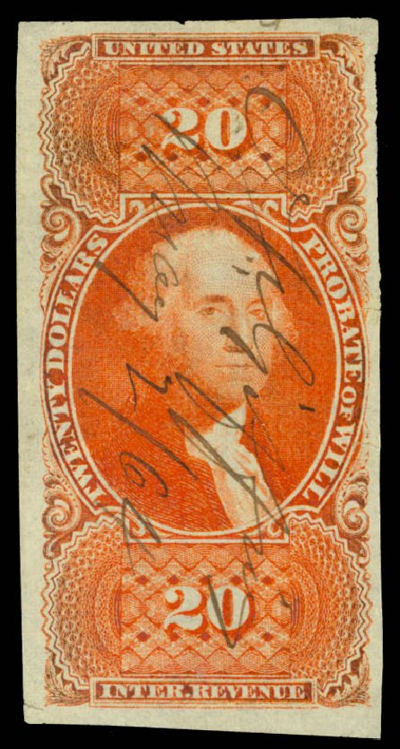 Value of US Stamps Scott Catalog #R99: 1862 US$20.00 Revenue Probate of Will. Daniel Kelleher Auctions, Jan 2015, Sale 663, Lot 2331