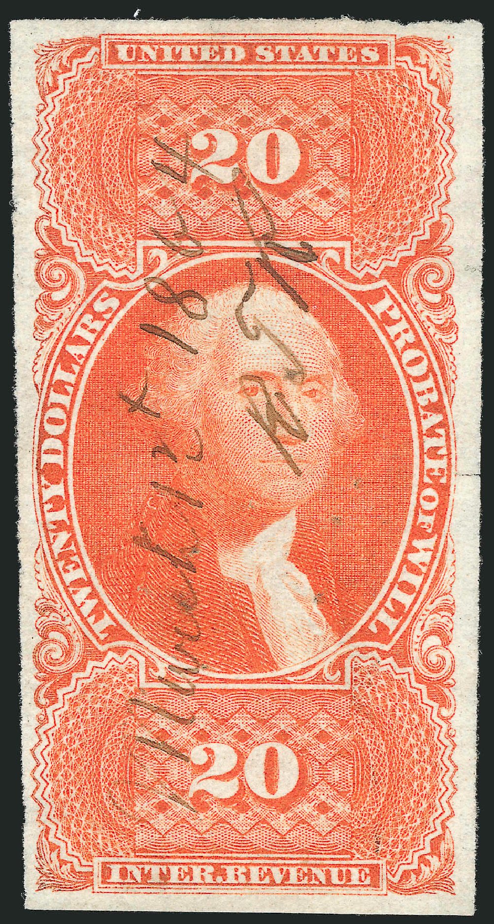 US Stamps Price Scott Cat. #R99 - 1862 US$20.00 Revenue Probate of Will. Robert Siegel Auction Galleries, Nov 2013, Sale 1061, Lot 4291