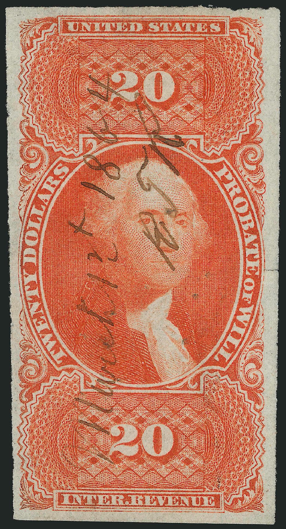 Costs of US Stamps Scott Cat. #R99: 1862 US$20.00 Revenue Probate of Will. Robert Siegel Auction Galleries, Mar 2014, Sale 1067, Lot 541