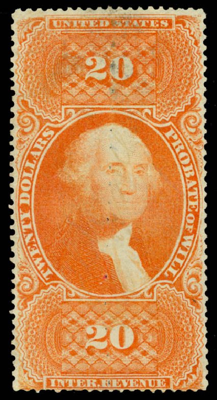 Prices of US Stamps Scott R99: 1862 US$20.00 Revenue Probate of Will. Daniel Kelleher Auctions, Sep 2014, Sale 655, Lot 954