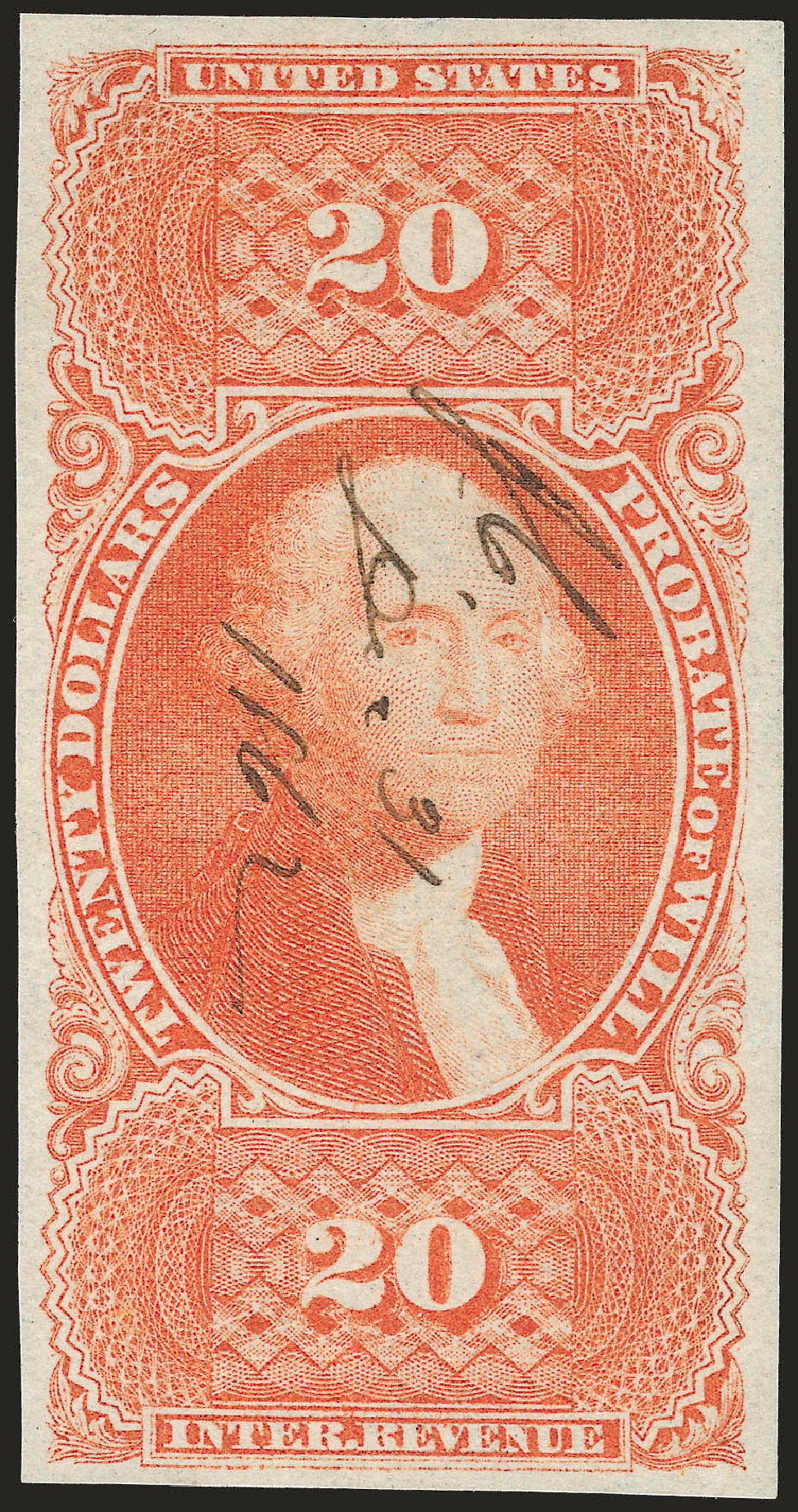 Costs of US Stamps Scott Catalog #R99 - 1862 US$20.00 Revenue Probate of Will. Robert Siegel Auction Galleries, Jun 2009, Sale 973, Lot 274