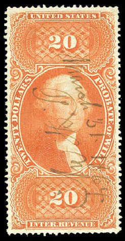 Costs of US Stamps Scott Cat. # R99 - 1862 US$20.00 Revenue Probate of Will. Matthew Bennett International, Sep 2010, Sale 333, Lot 4055