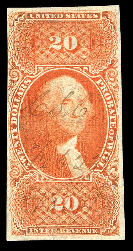 US Stamp Value Scott Catalog # R99 - 1862 US$20.00 Revenue Probate of Will. Cherrystone Auctions, Jun 2009, Sale 200906, Lot 415