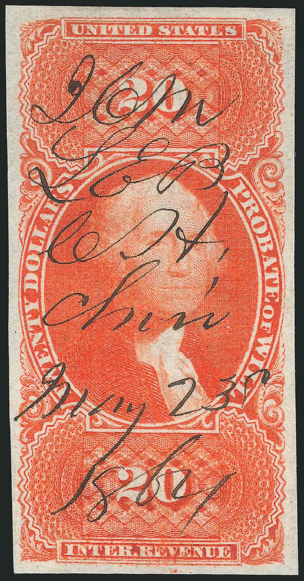 Prices of US Stamps Scott R99 - 1862 US$20.00 Revenue Probate of Will. Robert Siegel Auction Galleries, Nov 2011, Sale 1015, Lot 35