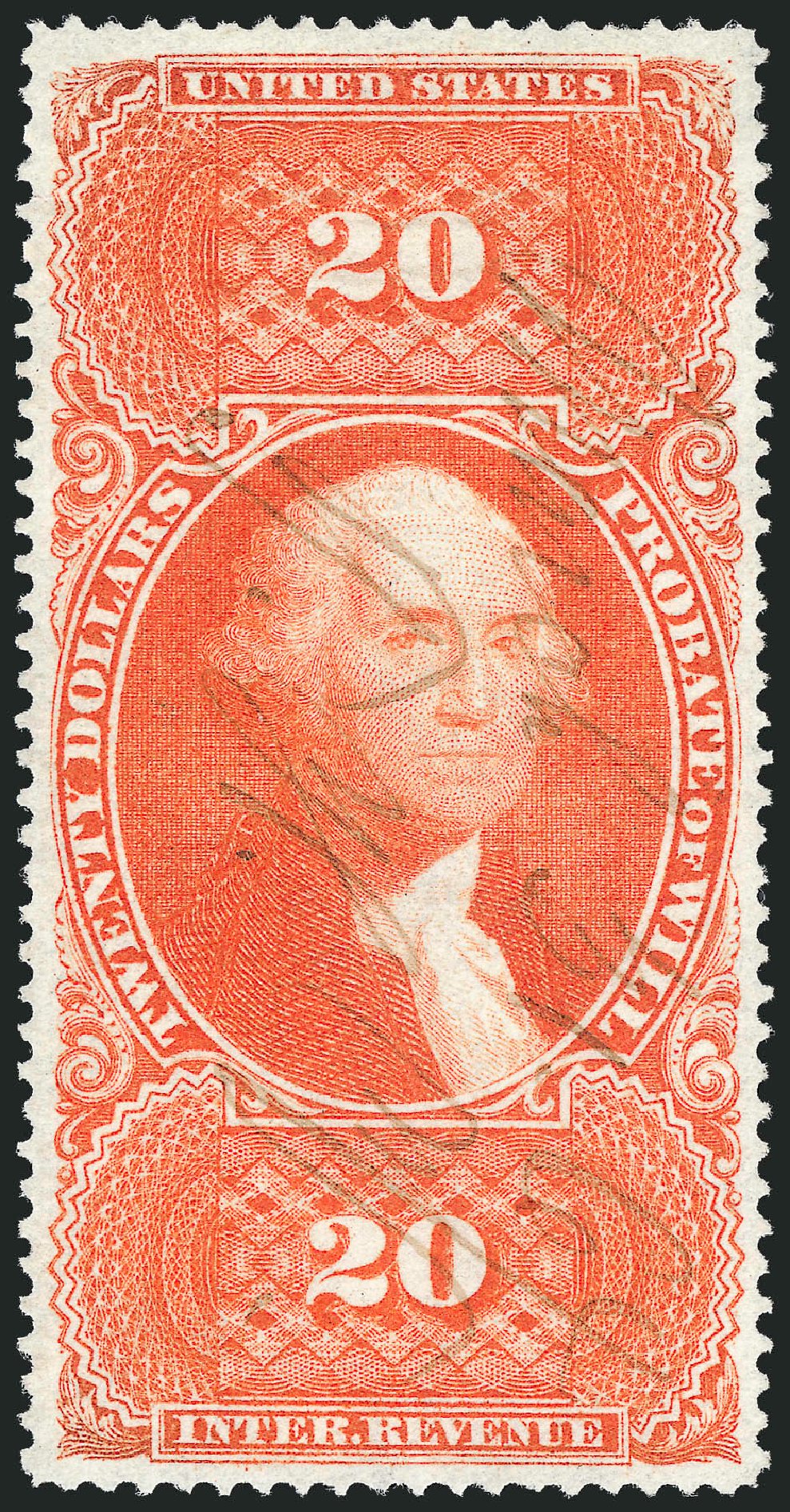 Value of US Stamps Scott Catalog # R99 - US$20.00 1862 Revenue Probate of Will. Robert Siegel Auction Galleries, Nov 2011, Sale 1015, Lot 75