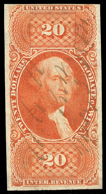 Value of US Stamps Scott Catalogue #R99 - US$20.00 1862 Revenue Probate of Will. Cherrystone Auctions, May 2013, Sale 201305, Lot 163