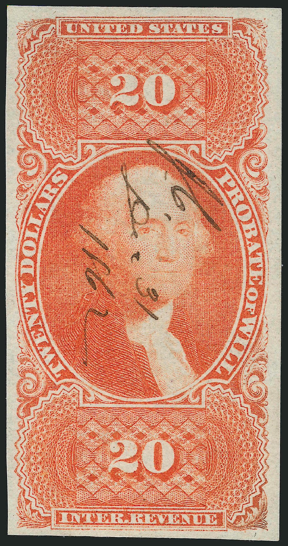 US Stamps Values Scott Catalog #R99 - US$20.00 1862 Revenue Probate of Will. Robert Siegel Auction Galleries, Dec 2011, Sale 1017, Lot 1013