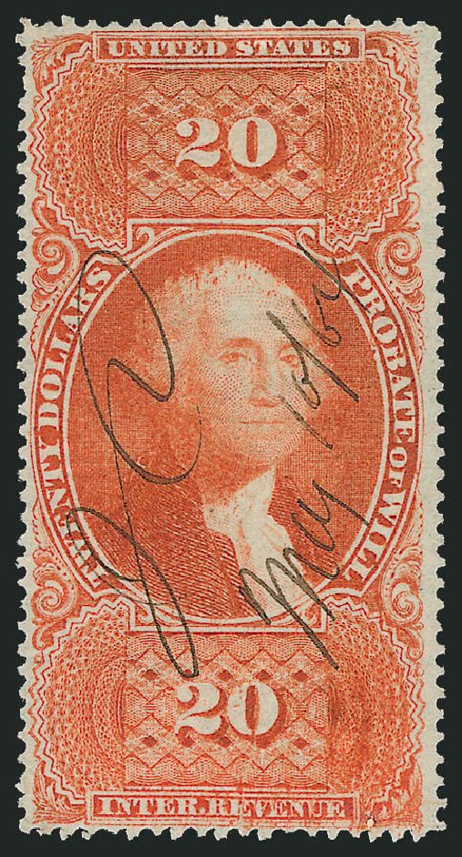 US Stamps Prices Scott Catalog R99: 1862 US$20.00 Revenue Probate of Will. Robert Siegel Auction Galleries, Jun 2011, Sale 1011, Lot 946