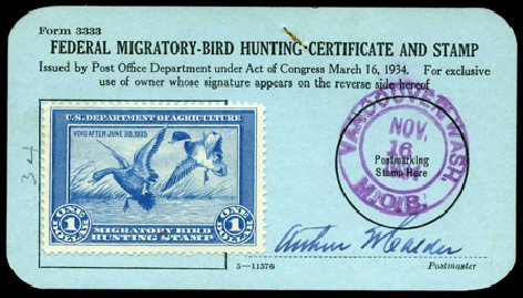 Prices of US Stamps Scott Cat. RW1: 1934 US$1.00 Federal Duck Hunting. Harmer-Schau Auction Galleries, Apr 2008, Sale 77, Lot 158