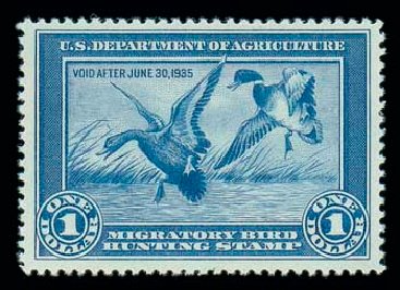 Cost of US Stamps Scott Cat. #RW1: 1934 US$1.00 Federal Duck Hunting. Matthew Bennett International, Dec 2007, Sale 325, Lot 2690