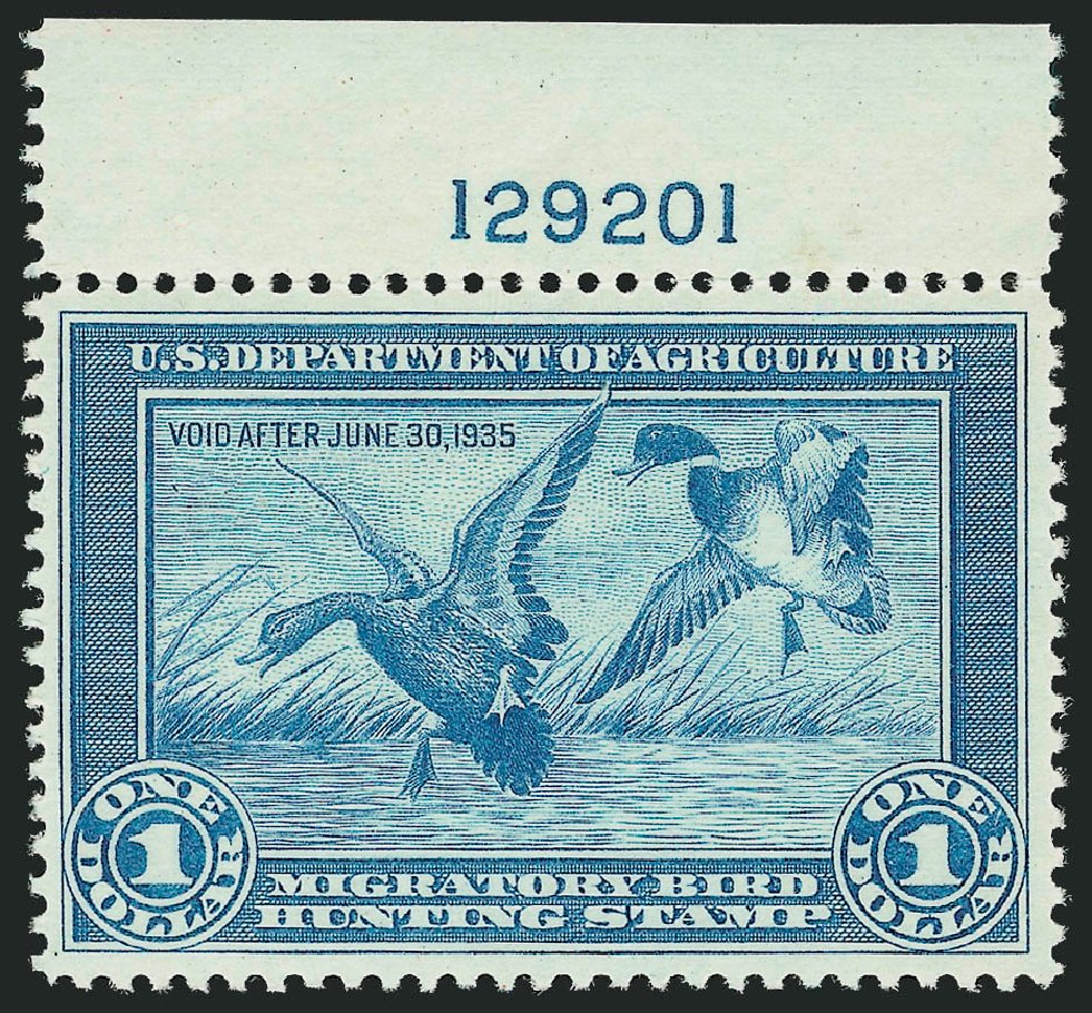 Values of US Stamp Scott Cat. #RW1: US$1.00 1934 Federal Duck Hunting. Robert Siegel Auction Galleries, Mar 2012, Sale 1019, Lot 1071