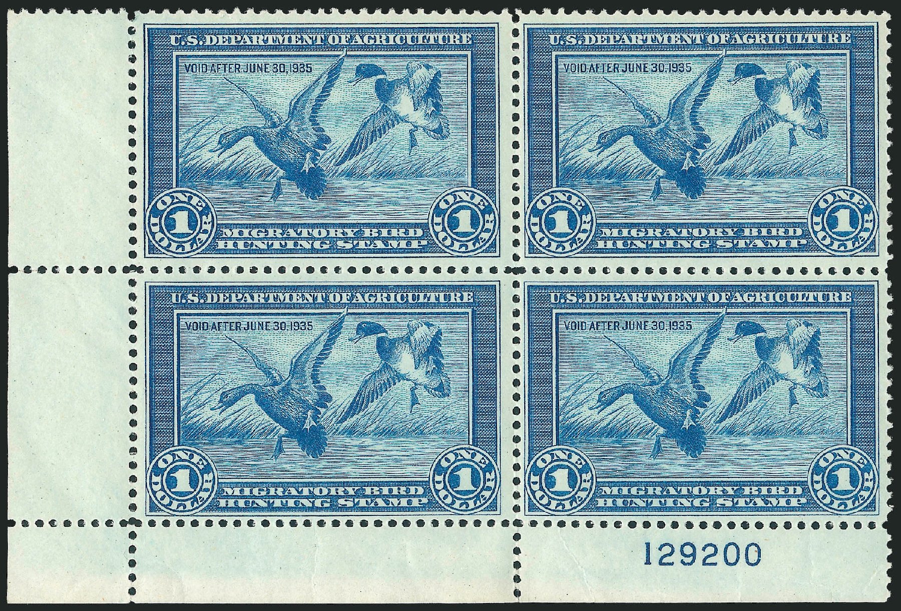 US Stamps Values Scott Catalogue #RW1: 1934 US$1.00 Federal Duck Hunting. Robert Siegel Auction Galleries, Sep 2009, Sale 976, Lot 2371