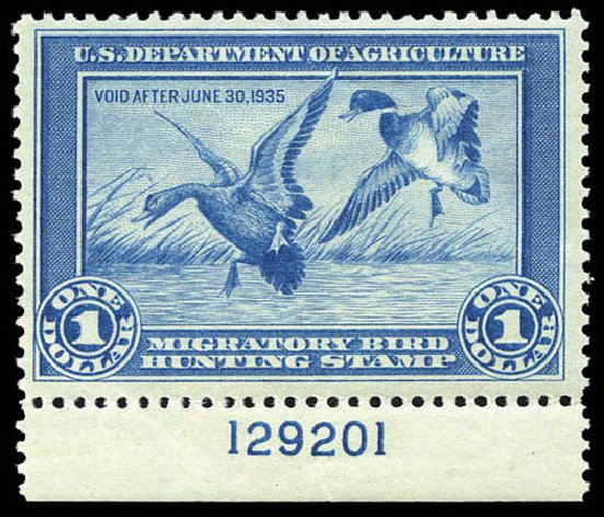 US Stamps Value Scott Catalogue RW1: US$1.00 1934 Federal Duck Hunting. Matthew Bennett International, Mar 2011, Sale 337, Lot 3305