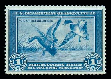 US Stamps Price Scott Cat. #RW1 - 1934 US$1.00 Federal Duck Hunting. Matthew Bennett International, Dec 2007, Sale 325, Lot 2692