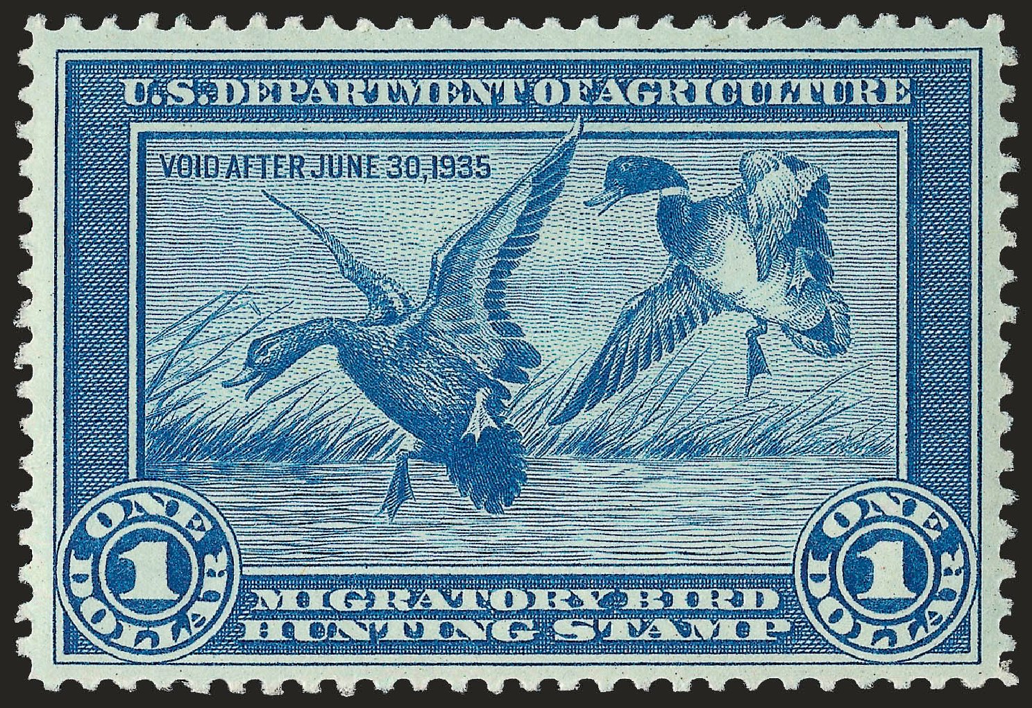Values of US Stamp Scott #RW1: US$1.00 1934 Federal Duck Hunting. Robert Siegel Auction Galleries, Dec 2008, Sale 967, Lot 5352