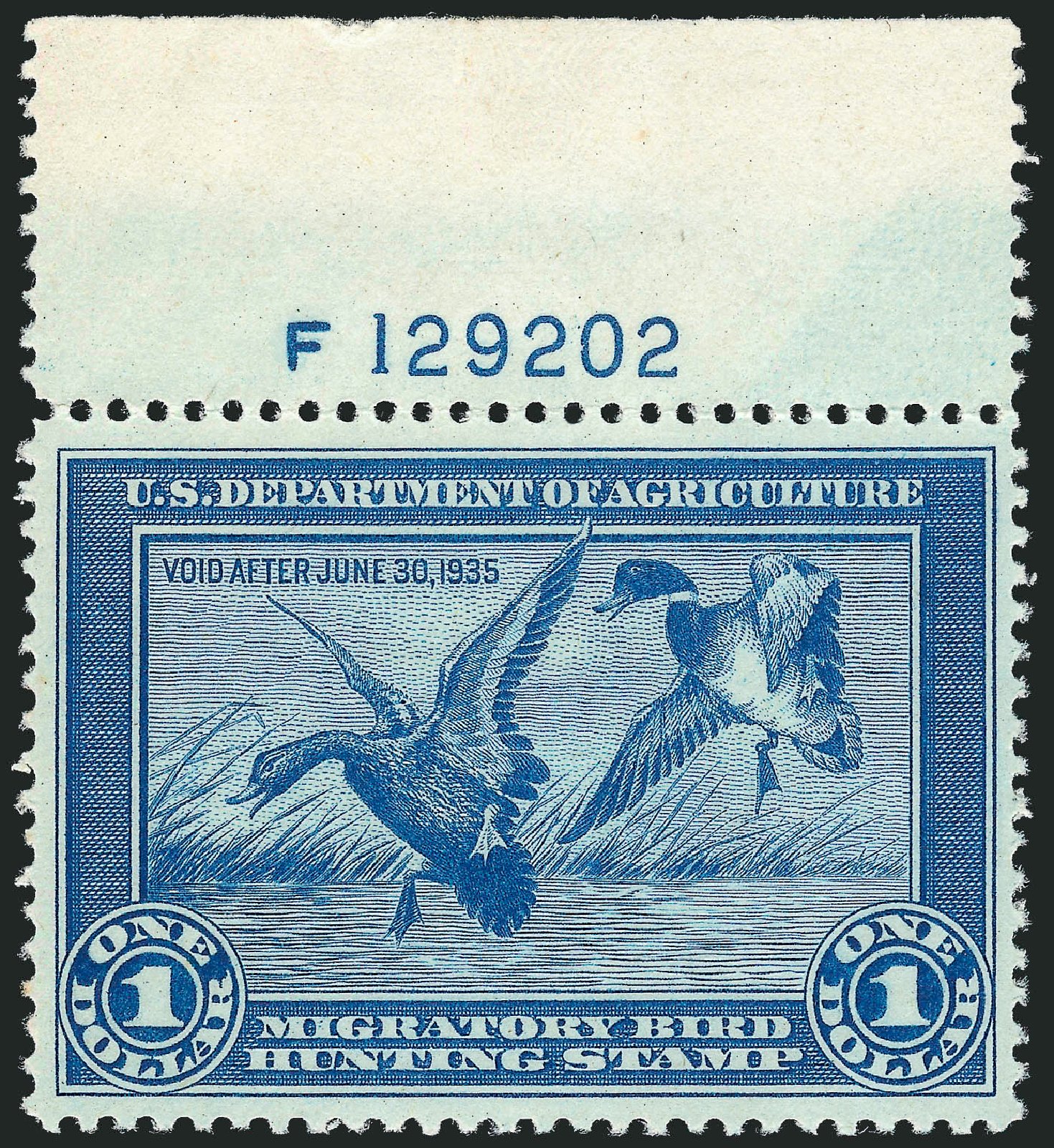 Value of US Stamp Scott Catalog # RW1: 1934 US$1.00 Federal Duck Hunting. Robert Siegel Auction Galleries, Mar 2012, Sale 1019, Lot 1073