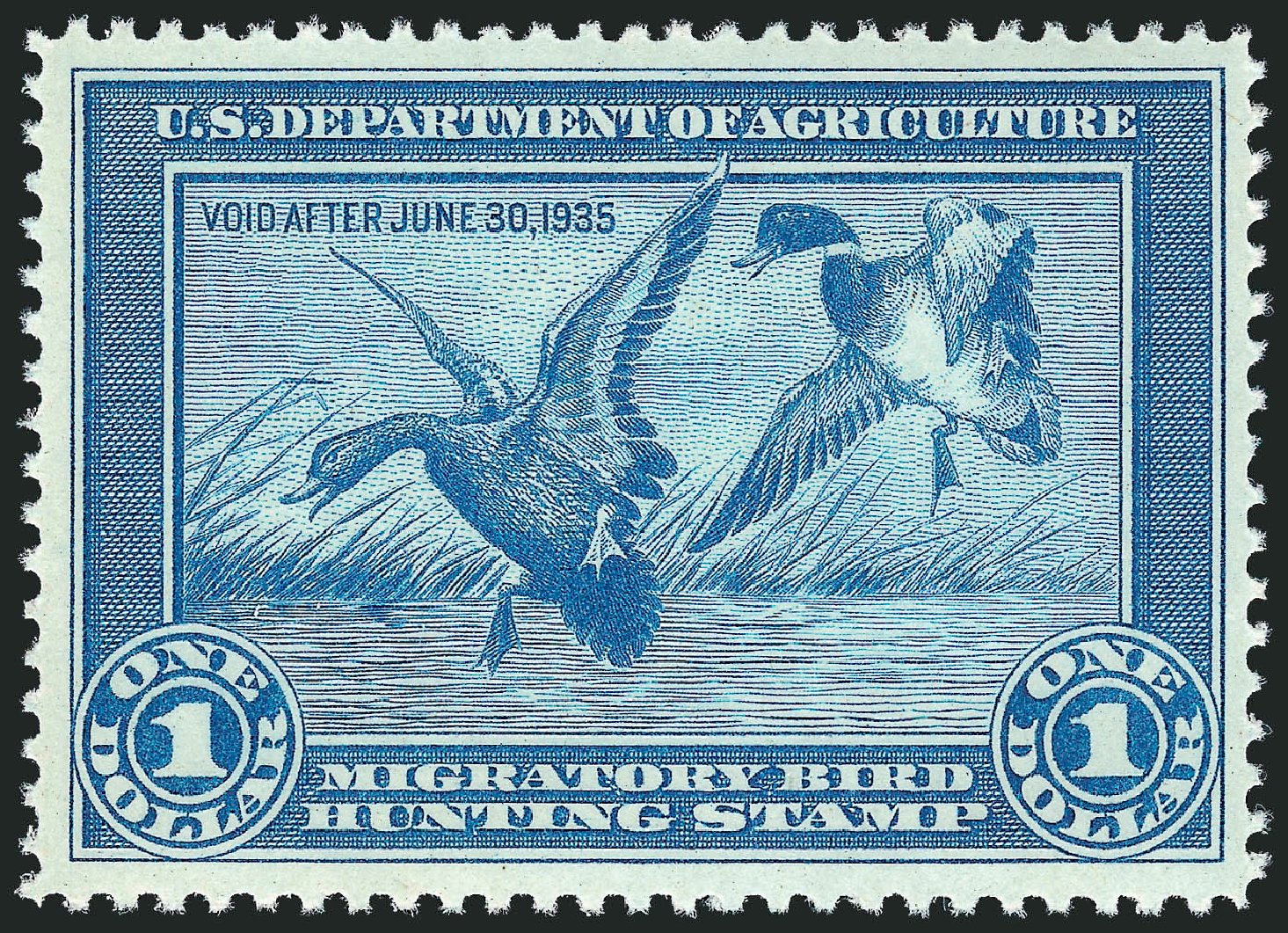 Values of US Stamps Scott Catalog RW1: 1934 US$1.00 Federal Duck Hunting. Robert Siegel Auction Galleries, Mar 2011, Sale 1007, Lot 3156