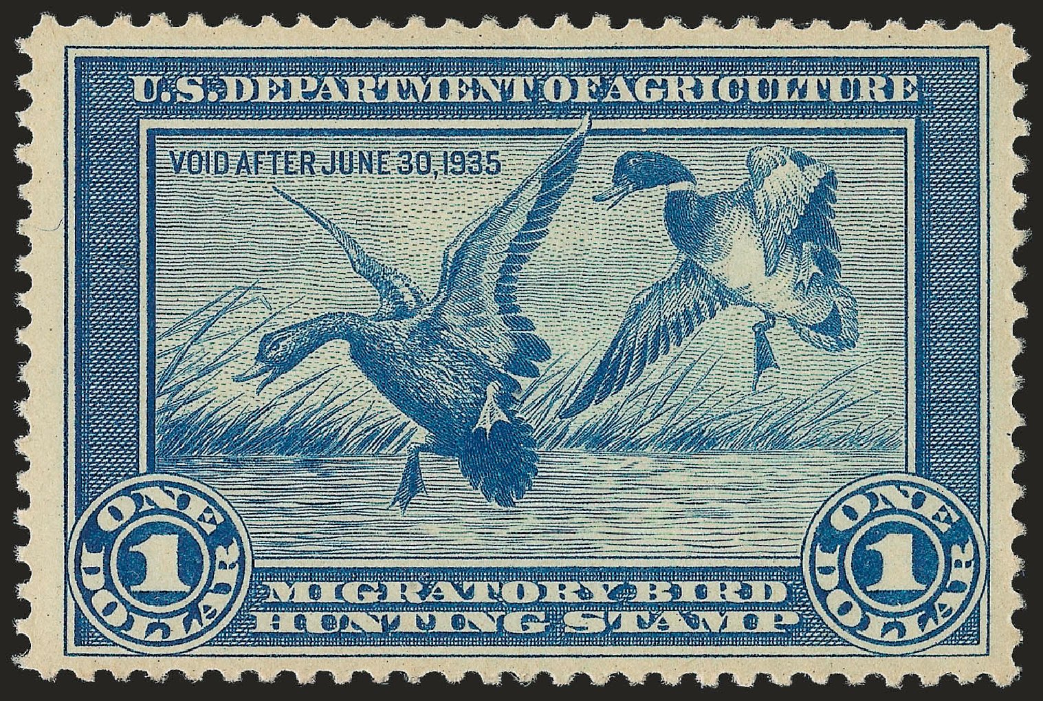 US Stamp Values Scott Cat. # RW1 - US$1.00 1934 Federal Duck Hunting. Robert Siegel Auction Galleries, Apr 2010, Sale 984, Lot 1216