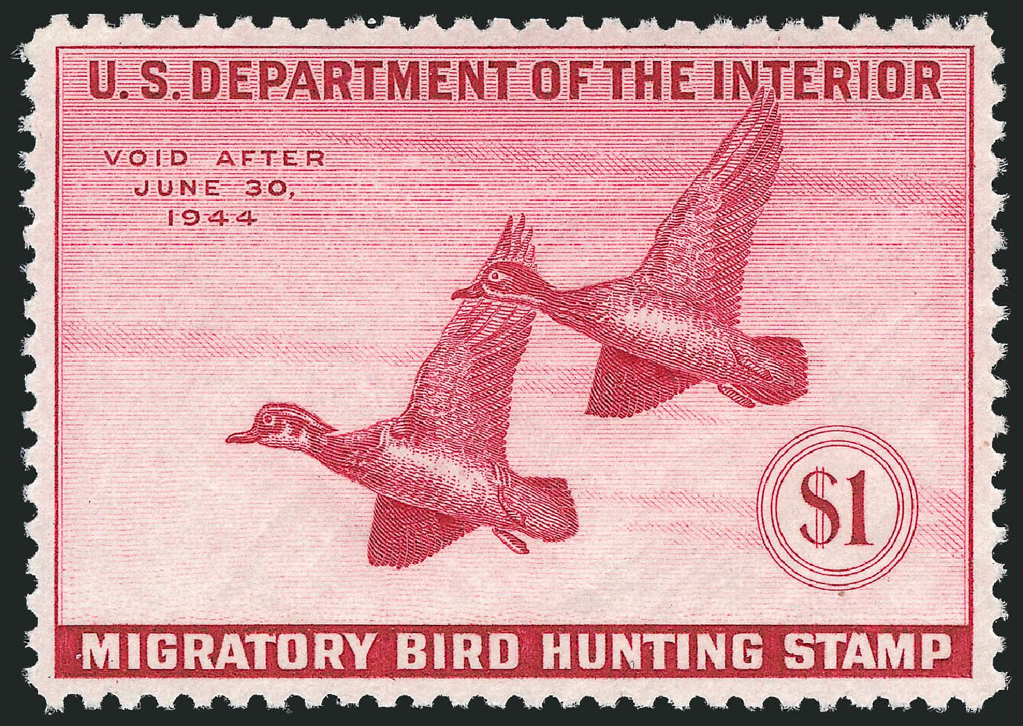 Cost of US Stamps Scott Cat. RW10 - US$1.00 1943 Federal Duck Hunting. Robert Siegel Auction Galleries, Dec 2010, Sale 1000, Lot 1337