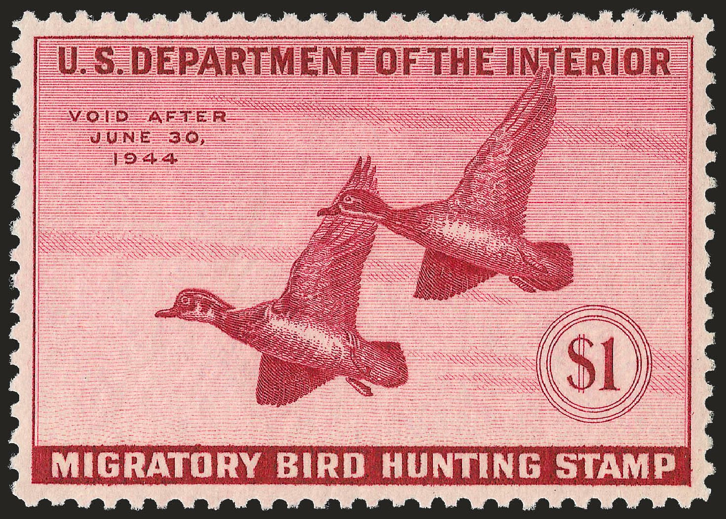 Prices of US Stamp Scott Catalog #RW10 - US$1.00 1943 Federal Duck Hunting. Robert Siegel Auction Galleries, Apr 2010, Sale 984, Lot 1229