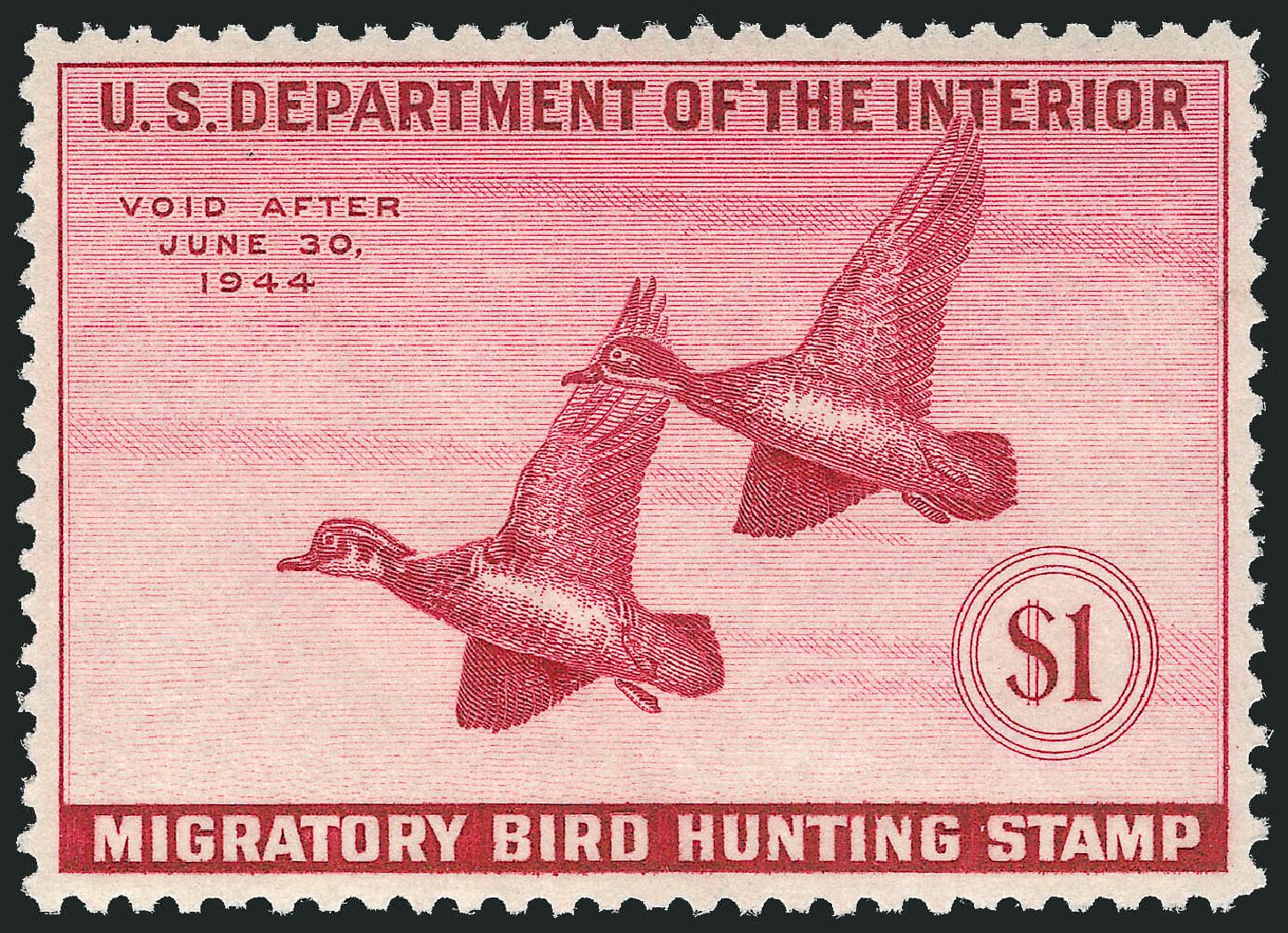 Costs of US Stamp Scott Catalogue # RW10 - 1943 US$1.00 Federal Duck Hunting. Robert Siegel Auction Galleries, Dec 2009, Sale 982, Lot 6214