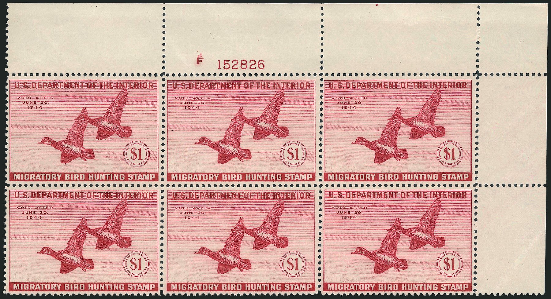 US Stamps Values Scott #RW10: US$1.00 1943 Federal Duck Hunting. Robert Siegel Auction Galleries, Oct 2010, Sale 997, Lot 6636