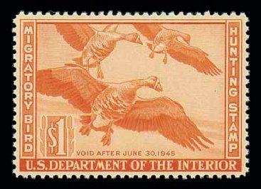 US Stamp Price Scott Cat. #RW11: US$1.00 1944 Federal Duck Hunting. Matthew Bennett International, Dec 2007, Sale 325, Lot 2714
