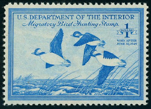 US Stamp Values Scott Cat. RW15 - 1948 US$1.00 Federal Duck Hunting. Matthew Bennett International, Jun 2008, Sale 328, Lot 1446