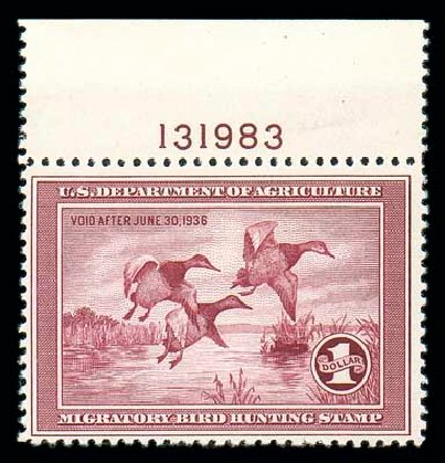 Costs of US Stamps Scott Catalog RW2: 1935 US$1.00 Federal Duck Hunting. Matthew Bennett International, Dec 2007, Sale 325, Lot 2697