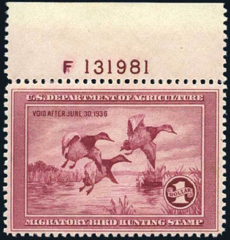 Prices of US Stamps Scott Catalogue RW2: 1935 US$1.00 Federal Duck Hunting. Harmer-Schau Auction Galleries, Aug 2011, Sale 90, Lot 2037