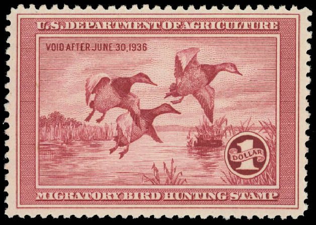 US Stamps Values Scott Cat. #RW2: US$1.00 1935 Federal Duck Hunting. Daniel Kelleher Auctions, Sep 2013, Sale 639, Lot 3847