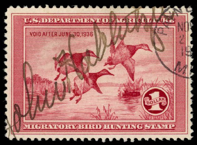 US Stamp Value Scott RW2: US$1.00 1935 Federal Duck Hunting. Daniel Kelleher Auctions, Oct 2014, Sale 660, Lot 2587