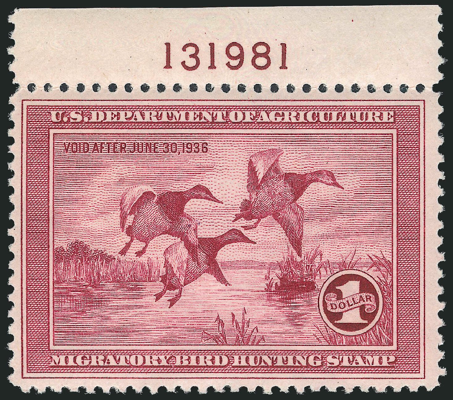 Values of US Stamp Scott Catalogue #RW2 - US$1.00 1935 Federal Duck Hunting. Robert Siegel Auction Galleries, Apr 2010, Sale 984, Lot 1217