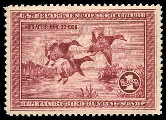 Values of US Stamps Scott Catalogue RW2 - 1935 US$1.00 Federal Duck Hunting. Matthew Bennett International, Mar 2011, Sale 337, Lot 3308