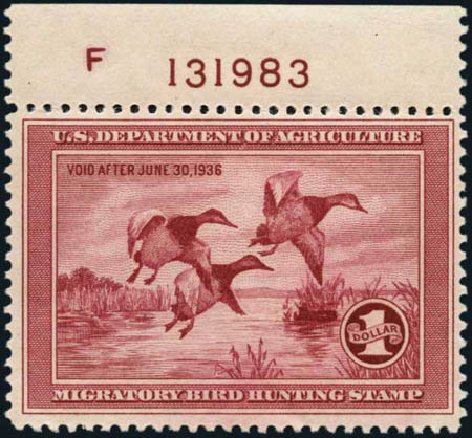 Prices of US Stamp Scott Catalog #RW2 - US$1.00 1935 Federal Duck Hunting. Harmer-Schau Auction Galleries, Jan 2013, Sale 96, Lot 758