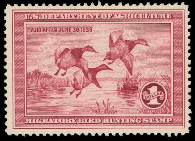 US Stamp Values Scott Catalog #RW2: US$1.00 1935 Federal Duck Hunting. Daniel Kelleher Auctions, Oct 2011, Sale 626, Lot 678