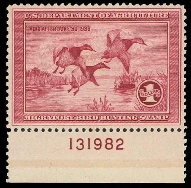 Values of US Stamps Scott Cat. #RW2: US$1.00 1935 Federal Duck Hunting. Daniel Kelleher Auctions, Aug 2012, Sale 631, Lot 1848