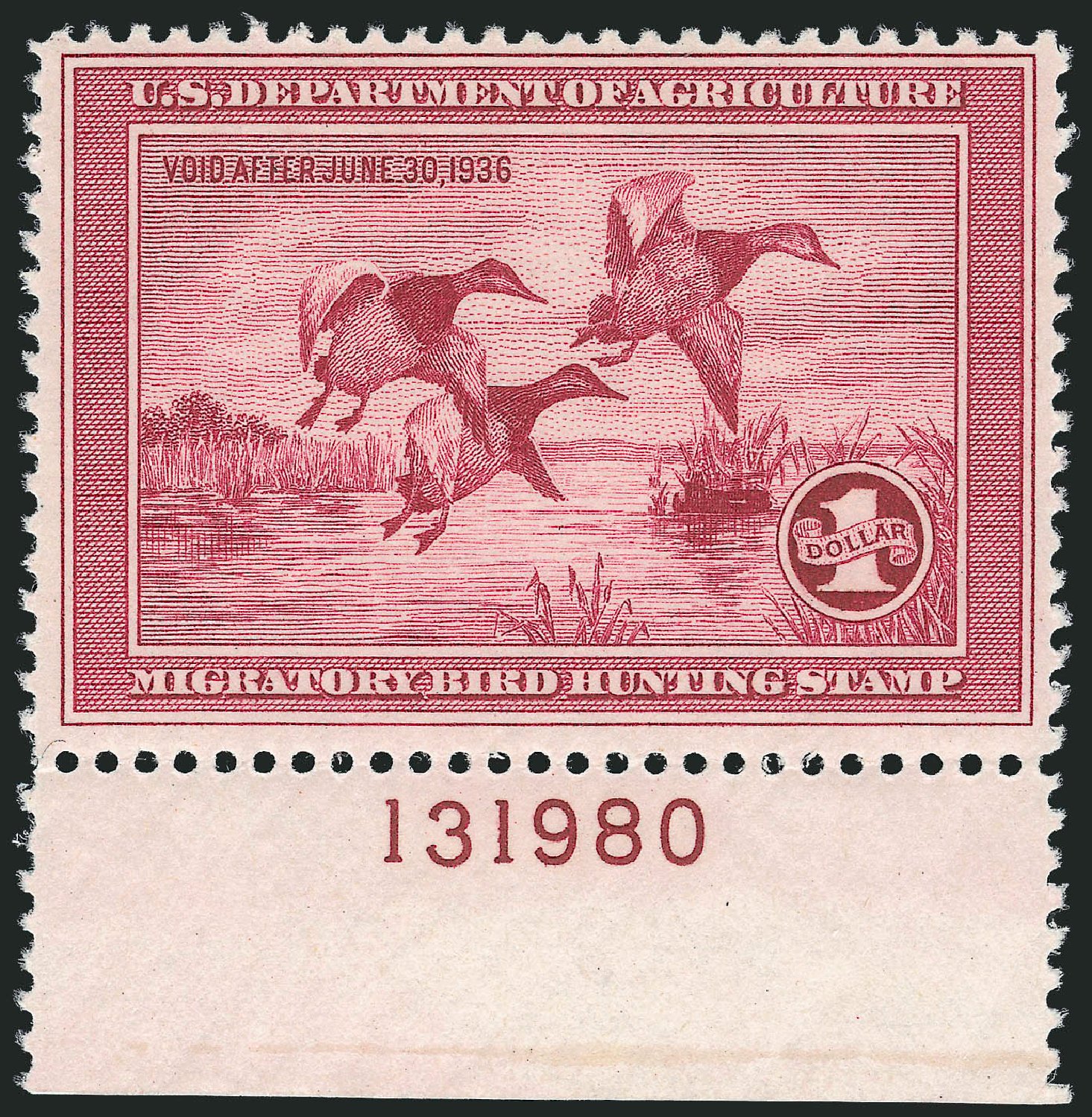 Value of US Stamps Scott Catalogue # RW2: US$1.00 1935 Federal Duck Hunting. Robert Siegel Auction Galleries, Oct 2010, Sale 997, Lot 6628