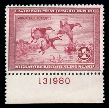 US Stamps Value Scott Catalogue RW2: 1935 US$1.00 Federal Duck Hunting. Matthew Bennett International, Dec 2007, Sale 325, Lot 2699