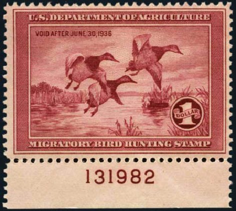 Value of US Stamps Scott Catalog RW2: 1935 US$1.00 Federal Duck Hunting. Harmer-Schau Auction Galleries, Jan 2013, Sale 96, Lot 759
