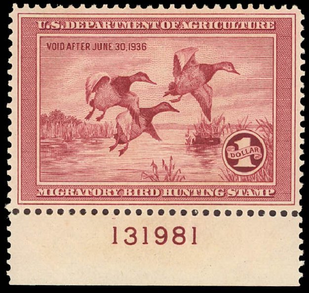 Cost of US Stamps Scott RW2 - US$1.00 1935 Federal Duck Hunting. Daniel Kelleher Auctions, Aug 2012, Sale 631, Lot 1849
